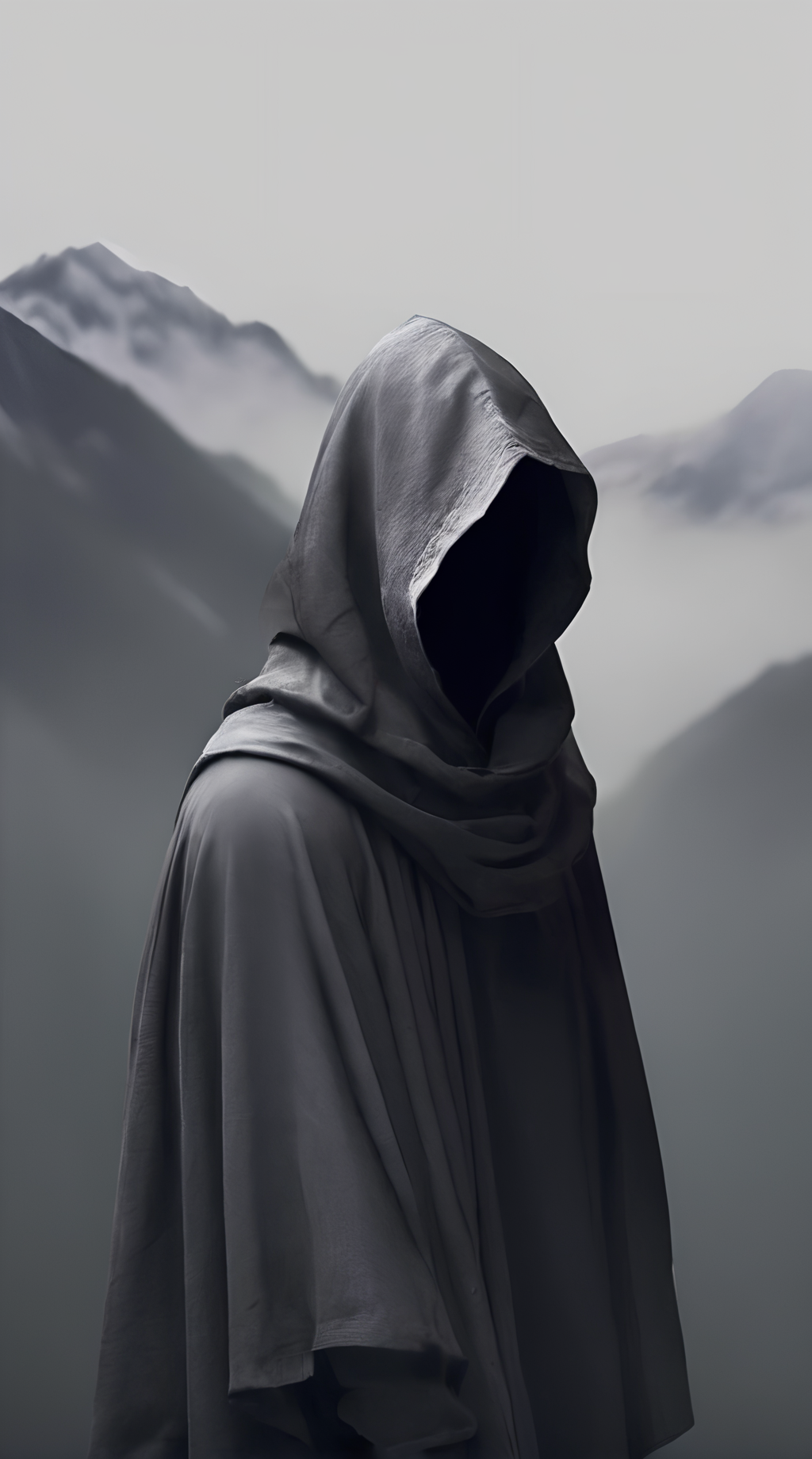 ,wwm,solo,hood,no eyes,faceless,simple background,male focus,1boy,cloak,grey background,hood up,upper body,shaded face,mountain,scenery,<lora:beij528:0.7>