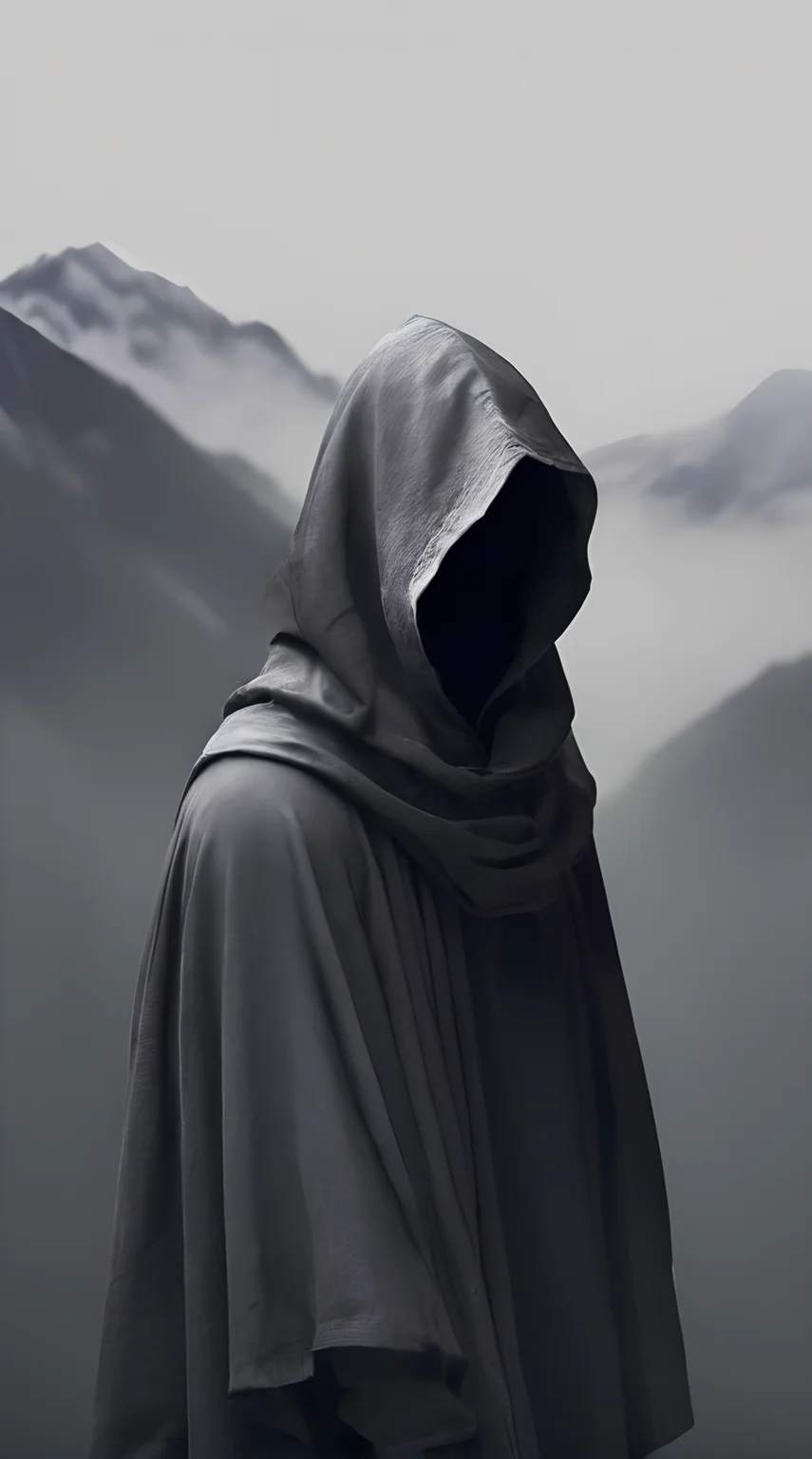 ,wwm,solo,hood,no eyes,faceless,simple background,male focus,1boy,cloak,grey background,hood up,upper body,shaded face,mountain,scenery,<lora:beij528:0.7>
