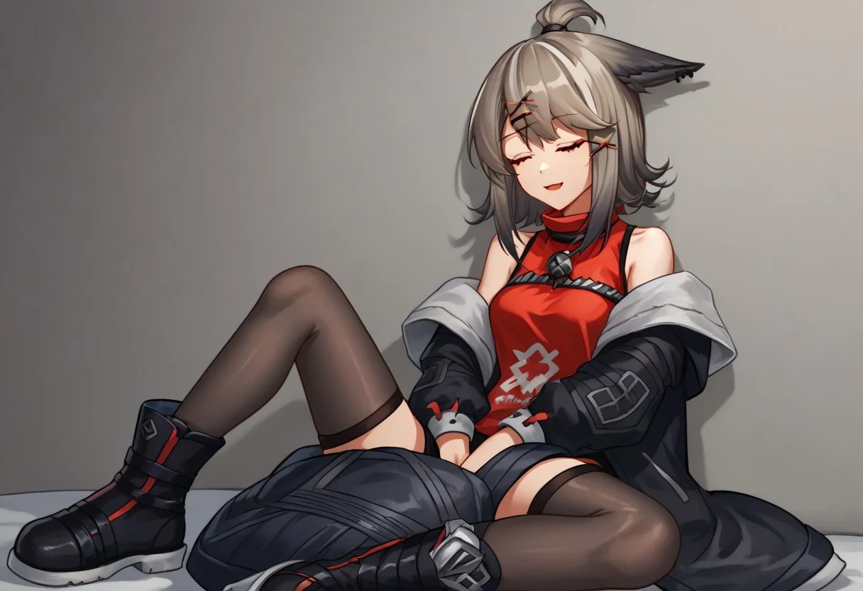score_9, score_8_up, score_7_up, source_anime, good anatomy, detailed face, beautiful face, detailed eyes, beautiful eyes, 1girl, solo, 1girl, solo, CutterArknights, fox girl, fox ears, gray hair, short hair, red eyes, x-shaped hair clips, top knot, bare shoulders, red shirt, sleeveless, sleeveless shirt, black jacket, off shoulder, open clothes, black miniskirt, black thighhighs, boots, sitting, hands between legs, spread legs, closed eyes, sleeping, open mouth, snoring, smiling
