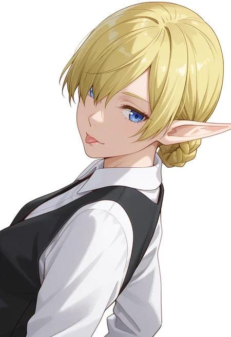 Smooth Quality,masterpiece,very intricate, high quality details, ultra realistic, high detailed skin,detailed enviorement,absurdres,
simple background, white background,
dutch angle,dancing,
:p,
<lora:Kagali_cnn:0.8> 1girl, blonde hair, blue eyes, pointy ears, elf,short hair, braid, hair over one eye,suit, white shirt,