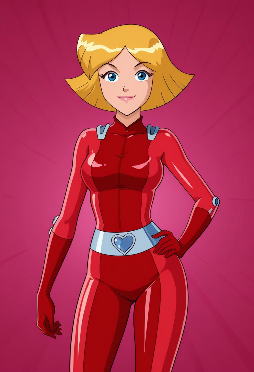 masterpiece, best quality, good quality, 1girl, solo, cartoon, parody, official style, cl0ver_totally_spies, short hair, blonde hair, blue eyes, red bodysuit, sexy, large breasts, beautiful, detailed, high detailed, very beautiful, detailed face, detailed eyes, detailed hand, abstract background, smile, posing, pose, looking at viewer, face focus