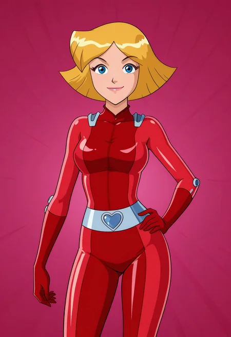 masterpiece, best quality, good quality, 1girl, solo, cartoon, parody, official style, cl0ver_totally_spies, short hair, blonde hair, blue eyes, red bodysuit, sexy, large breasts, beautiful, detailed, high detailed, very beautiful, detailed face, detailed eyes, detailed hand, abstract background, smile, posing, pose, looking at viewer, face focus