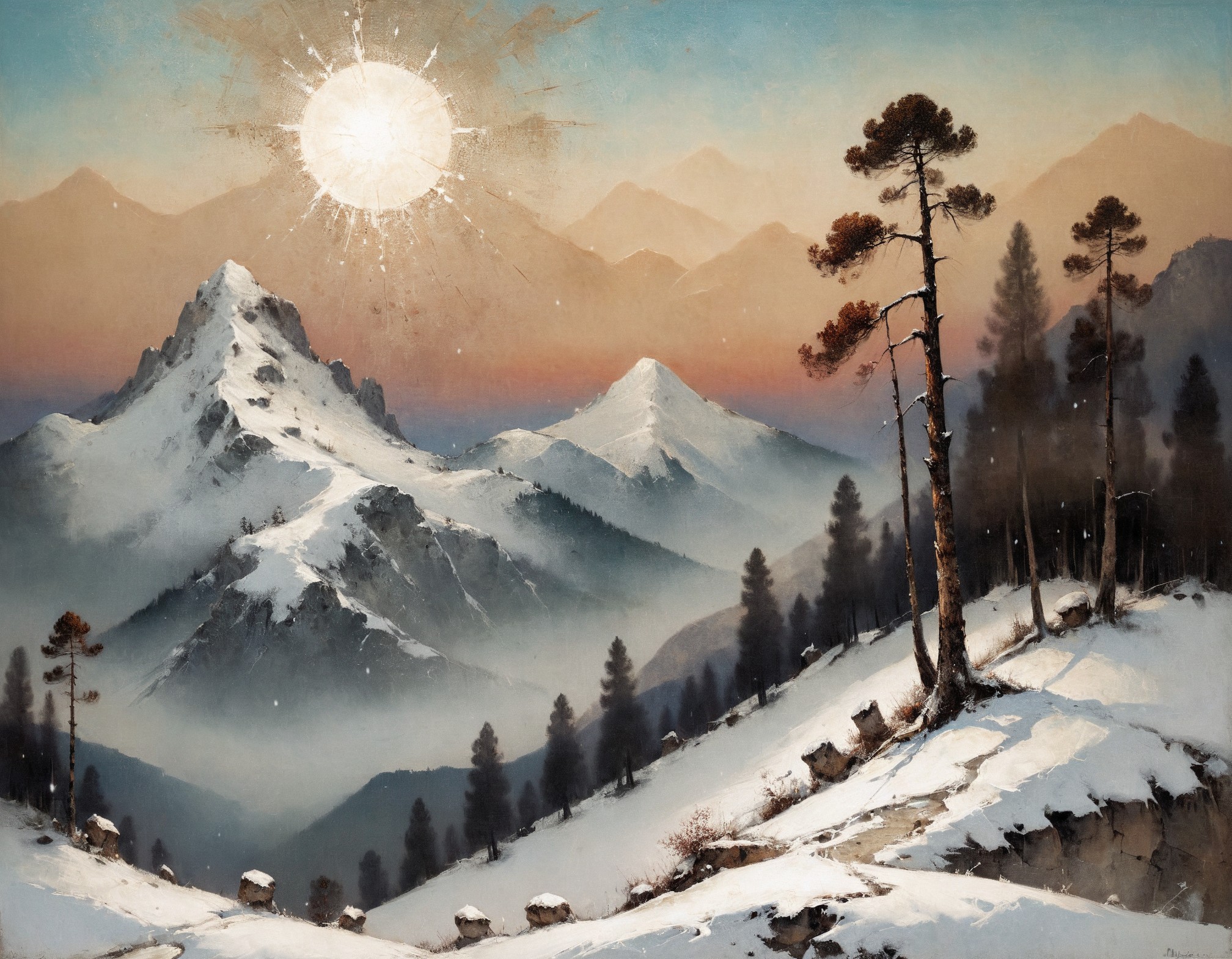masterpiece, best quality, ultra-detailed,  elegant, snowy landscape, mountains, pine trees, distant, dusk,  <lora:add-detail-xl:0.7> <lora:xl_more_art-full_v1:0.7>  <lora:sdxl/nicola_samori_dark_art_style:0.7> in the style of Nicola Samori
