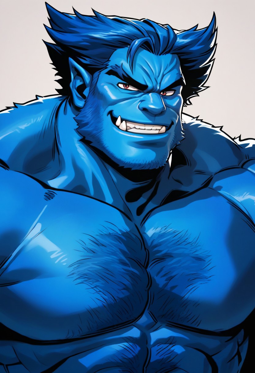score_9, score_8_up, score_7_up, source_cartoon, solo, 1boy, x_be@st, blue fur, blue hair, blue sideburns, fangs, muscular, smirk, portrait, thick things, face and chest,