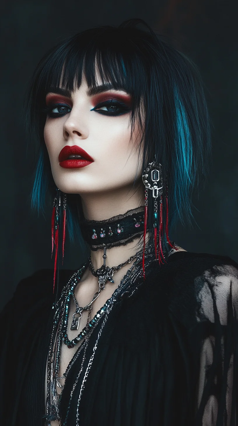 closeup portrait of a goth woman, messy straight-cut cleopatra bob, bangs, multi-tone hair (black with red and blue highlights), long earrings, necklaces, heavy make-up, red lips, dark eyeshadow, dark background --ar 9:16 --v 6.1