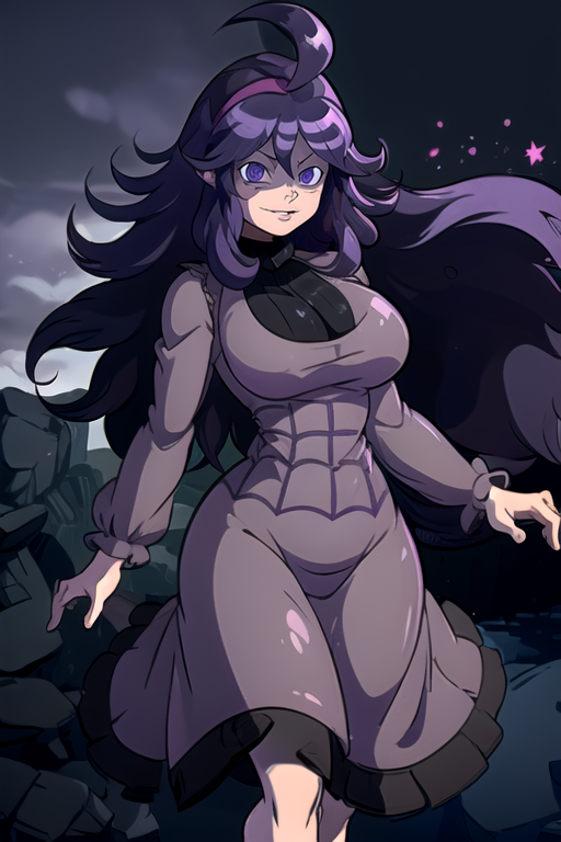 <lora:KINSHINPAIN:0.9>  1girl, solo,   <lora:hex_maniac_v1:1> aahex, hex maniac \(pokemon\), long hair, ahoge, purple hairband, purple eyes, @_@, large breasts, long dress, black dress, long sleeves