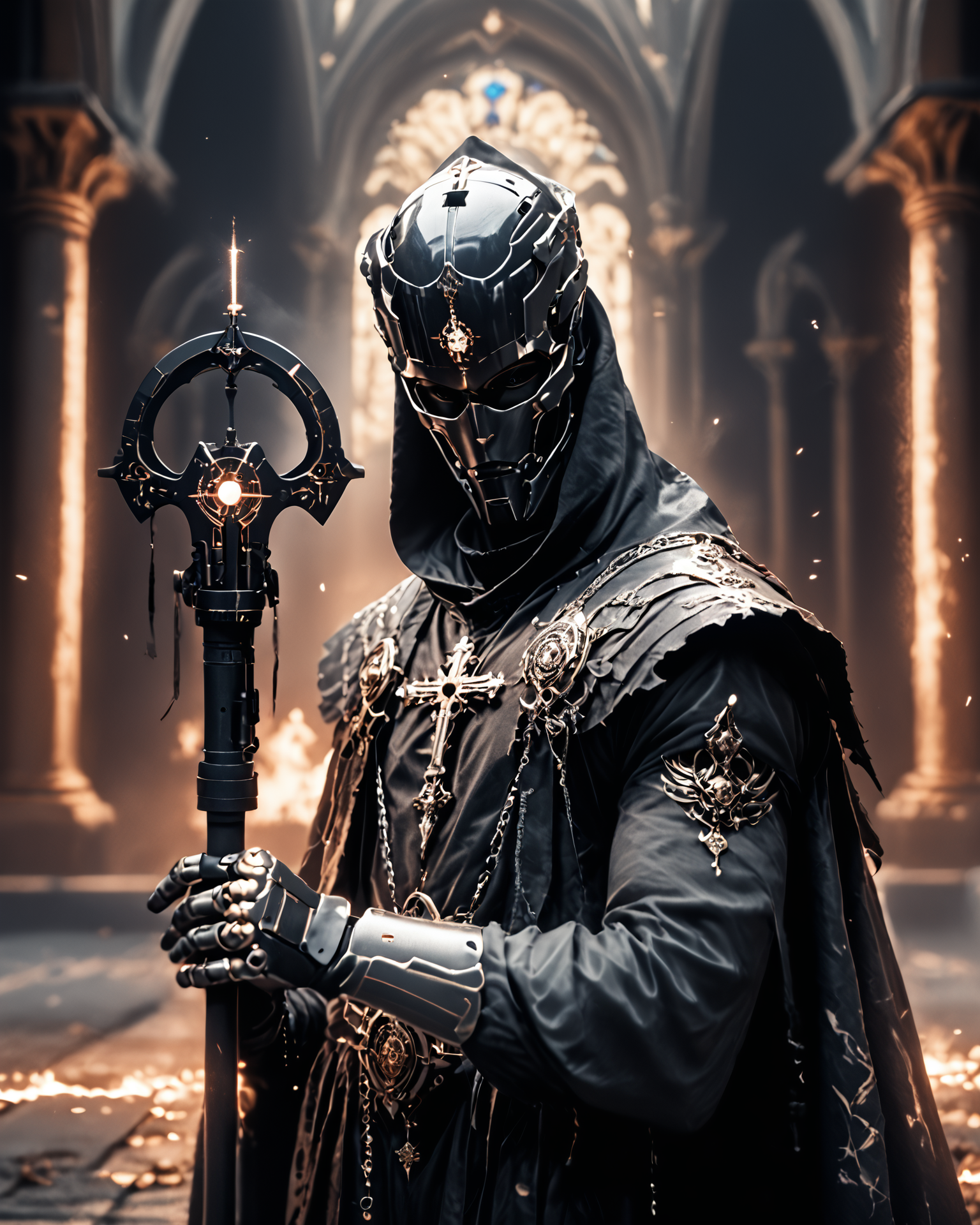 (score_9, score_8_up), score_7_up, 1boy, 2others, church, Highly detailed RAW color Photo, holding staff, holding, gloves, hat, hood, cape, from side, profile, makeup, chain, pale skin, robe, pillar,
shoulder armor, gauntlets, pauldrons, mask, dark, full armor, all black armor, black cloak, occult, dark theme, black theme, jewelry, dark, elegant, royal, headpiece, robot, mechanical arm, sci fi, cyborg, robotic circuits, glowing fiber optic cables,
glistening, glowing, dark lighting, dof, depth of field, realistic, dark background, light partials, CINE, fire embers, low-key, 
 <lora:CINE:1> <lora:unholy:1>
