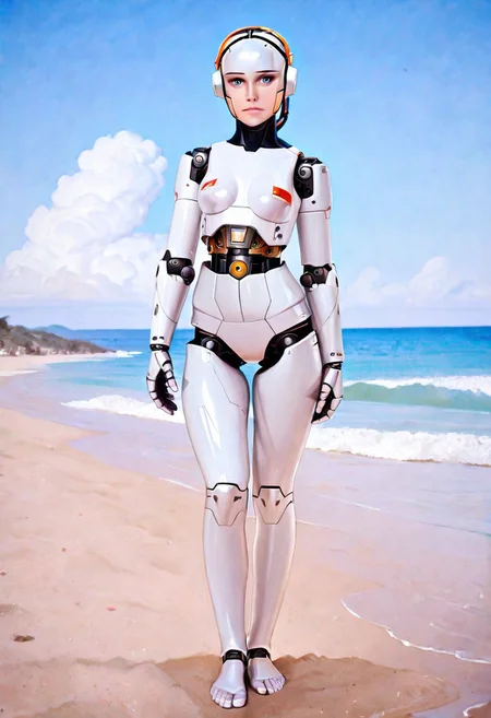 masterpiece,best quality,amazing quality ,1girl,18yo,solo,breasts,blue eyes,outdoors,sky,day,cloud,ocean,beach,robot,science fiction,android,cable,joints,robot joints,mechanical parts,humanoid robot,woman robot,A photo-realistic shoot from the front about a humanoid robot standing on a beach with a clear blue sky and ocean in the background.the image also shows a solo female robot,standing in the middle of the image,facing the viewer with her blue eyes looking directly at the viewer.the robot has a sleek,metallic white body with black wires attached to it,giving it a futuristic appearance.it has a smooth,polished appearance and is wearing no clothing,no pants,no shoes,and no accessory.the woman has a slender build and is barefoot,with her arms at her sides.the background features a clear sky with fluffy white clouds and the ocean,with a small island in the distance.