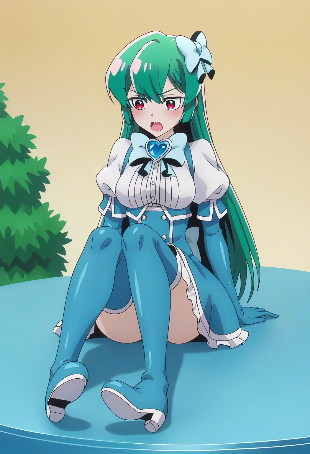 score_9, score_8_up, score_7_up, BREAK source_anime, 1girl, minakami sayo, magia azul, long hair, green hair, red eyes, elbow gloves, thigh boots, hair bow, open mouth, figure four sitting, lake <lora:brj-sayo-ponyXL-v1:1>
