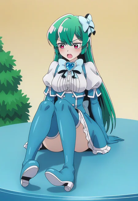 score_9, score_8_up, score_7_up, BREAK source_anime, 1girl, minakami sayo, magia azul, long hair, green hair, red eyes, elbow gloves, thigh boots, hair bow, open mouth, figure four sitting, lake <lora:brj-sayo-ponyXL-v1:1>