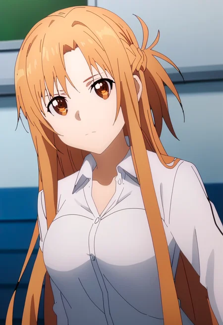 score_9, <lora:yuuki_asuna:1> yuuki asuna, 1girl, asuna (sao), brown eyes, brown hair, closed mouth, dress shirt, long hair, looking at viewer, solo, white shirt, yuuki asuna