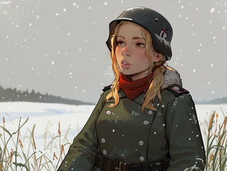 score_9, score_8_up, score_8_up, raw,
1girl, solo, standing, full shot, blonde hair, (amber eyes, panting, cold),
military snow uniform, snow uniform, military snow helmet, knife,
(snow:1.2), (snowing:1.4), field, detailed background, volumetric lighting,
wehr, <lora:incase_v14:1>, <lora:age_slider_v4:1>, <lora:Wehrmacht_And_Officers__World_War_2:0.9>