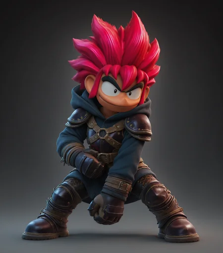 masterpiece, best quality, amazing quality, <lora:Ore_Tomba_v5_1:0.8> 1boy, solo, male focus, spiked hair, full body, red hair, dynamic pose, (scenery:0.7) Rogue, wearing Leather armor, hooded cloaks, masterpiece, best quality, amazing quality