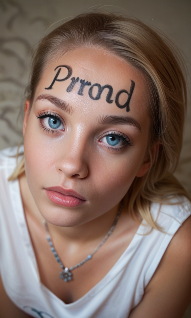 <lora:forehead writing_v1:0.8>forehead writing, 1girl, solo, ((the word "PG" on her forehead)), from above, face close up, blond hair, blue eyes,, score_9, score_8_up, score_7_up,