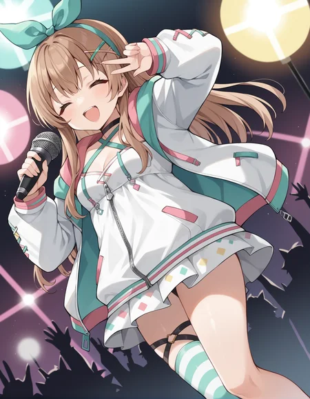 score_9, score_8_up, score_7_up, score_6_up, score_5_up, score_4_up, source_anime, rating_safe, BREAK <lora:nanahiraXL_LoRA-C3Lier_AdamW_Dim16_Alpha16_UN-3e-4_TE-1.5e-4_8batch_ponyDiffusionV6XL_v6StartWithThisOne:1>, nanahira, 1girl, long hair, brown hair, closed eyes, small breasts, bow hairband, green bow, hairclip, x hair ornament, choker, open hoodie, two-tone hoodie, white hoodie, cross strap, print dress, multicolored ribbon, asymmetrical legwear, striped thighhighs, single thighhigh, single sock, singing, happy, open mouth, holding microphone, screen, stage, stage lights, spot lights, concert,dutch angle, neon lights, crowd
