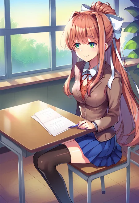 score_9, score_7_up, GEN, source_anime, (table: 1.5), ddlcmonika, <lora:ddlc-monika-ponyxl-lora-nochekaiser:1> ddlcmonika, blunt bangs, brown hair, green eyes, long hair, sidelocks,
black thighhighs, blue skirt, brown jacket, jacket, long sleeves, mary janes, over-kneehighs, pleated skirt, school uniform, shoes, skirt, thighhighs, zettai ryouiki, blush, smile, pen, holding pen,
background, classroom, chair, sitting, sitting on chair, paper, looking away, looking at paper, solo