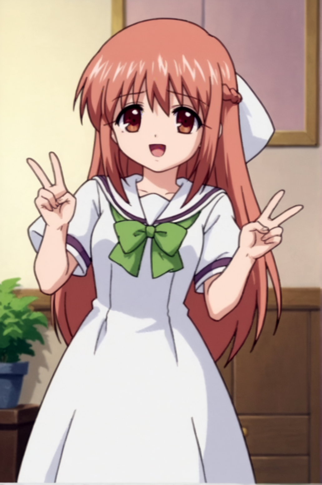 score_9, score_8_up, score_7_up,anime_source, source_anime, best background, detailed background, anime screencap,  Yuki, white costume, solo, v fingers, victory fingers, indoors, <lora:JN_Yuki_Kohinata:0.8>