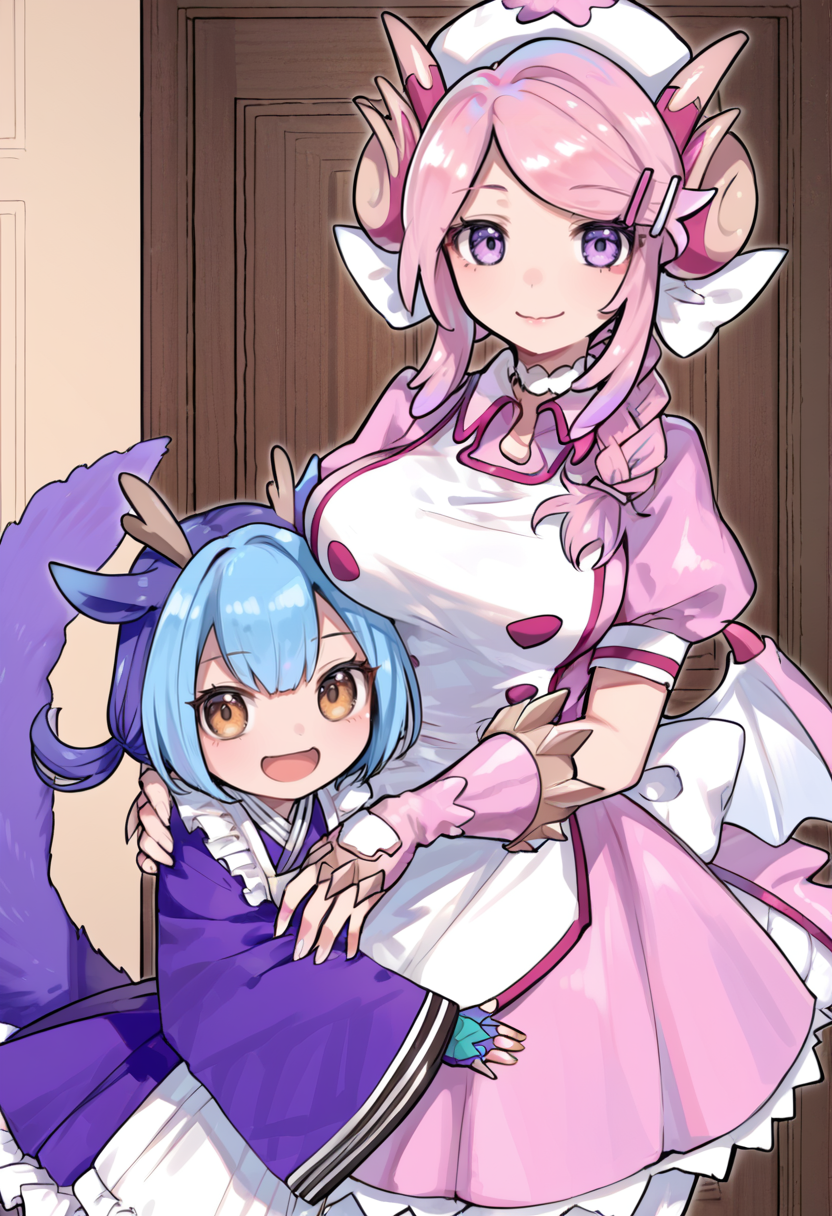 (score_9:0.9),score_8_up,score_7_up,anime style,rating_safe,(zPDXL),<lora:Nurse dragonmaid ponyXL v1:0.86>,nurse cap,pink wings,nurse dragonmaid,nurse dress,pink fingerless gloves,white pantyhose,laundry dragonmaid,blue maid outfit,blue fingerless gloves,2girls,multiple girls,looking at viewer,open mouth,sidelocks,smile,indoors,standing,door,frills,cowboy shot,hug,large breasts,closed mouth,chibi,
