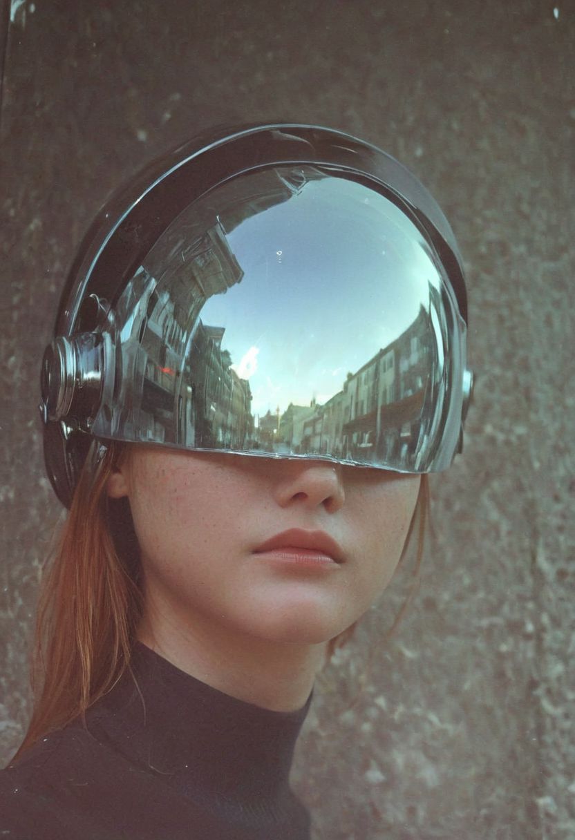 Bleaked anime Sketch By hergé, Soaked_seasalt, a blushed grin redhead beautiful female, Slender, smiling, mirror-helmet, Vintage Photo, dutch Angle, Side View, Film grain, dimly lit, scratched, inside Nightclub, dystopian, bleaked colors, Dusty atmosphere, volumetric lighting, atmospheric haze,