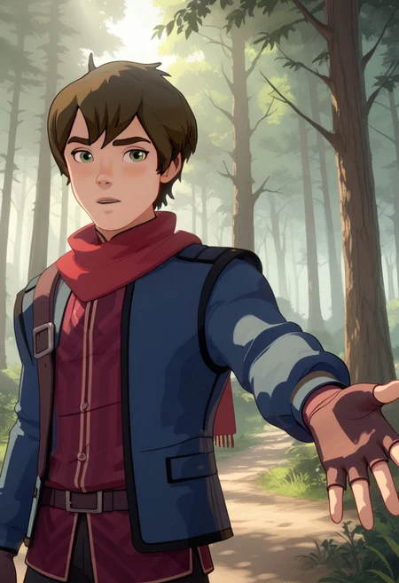 Score_9, Score_8, Score_7, TDPStyle, TeCal, Red Scarf, Blue Jacket, Red Vest, Green Eyes, Fingerless Gloves, solo, 1boy, posing in a serene forest glade, with sunlight filtering through the trees, creating a magical atmosphere
