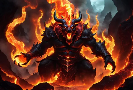ferrous fire breathing, ghoulish, ghastly horned elemental in a hellish fiery lava filled environment. decimating everything in rage all around it. A lone wizard figure is using magic to manipulate water to extinguish fires and battle the beast. OverallDetailXL