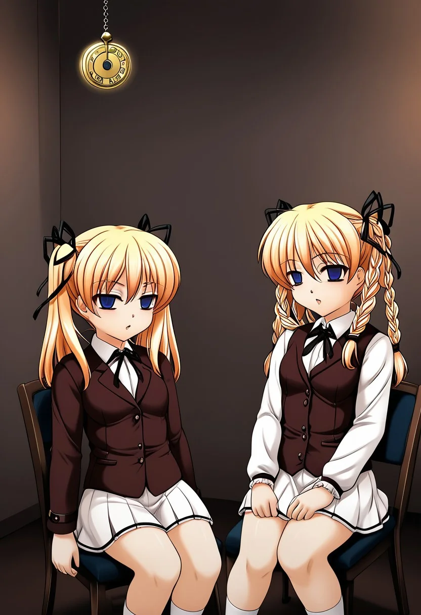 Itsuki and Imi being hypnotized,
score_9, anime, 2girls, lewd, smooth,
mind control, hypnosis, hypnotic pendulum, (looking at pendulum), pendulum hanging from center, empty eyes,
side by side, (shoulder to shoulder), sitting, couch, sl0uch1ng, slouching,
Itsuki&Imi, blonde hair, twins, siblings, blue eyes, twintails, braid, ribbon, sisters, twin braids, hair ribbon, long hair, chair, short stack,