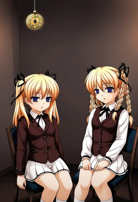 Itsuki and Imi being hypnotized,
score_9, anime, 2girls, lewd, smooth, 
mind control, hypnosis, hypnotic pendulum, (looking at pendulum), pendulum hanging from center, empty eyes,
side by side, (shoulder to shoulder), sitting, couch, sl0uch1ng, slouching,
Itsuki＆Imi, blonde hair, twins, siblings, blue eyes, twintails, braid, ribbon, sisters, twin braids, hair ribbon, long hair, chair, short stack,