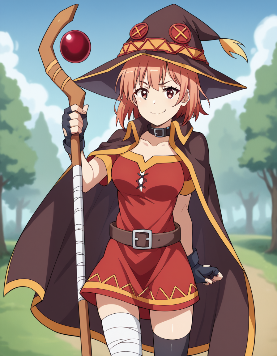 score_9, score_8_up, score_7_up, source_anime, <lora:yui-yuigahama-s2s3-ponyxl-lora-nochekaiser:1>, yui yuigahama, short hair, brown eyes, orange hair, hair bun, single hair bun, large breasts,, <lora:megumin-cosplay-ponyxl-lora-nochekaiser:1>, megumin cosplay, megumin (cosplay), thighhighs, gloves, hat, dress, black gloves, belt, black thighhighs, fingerless gloves, cape, collar, witch hat, bandages, red dress, single thighhigh, asymmetrical legwear, bandaged leg,, staff, holding staff, smug, outdoors, looking at viewer, cowboy shot,