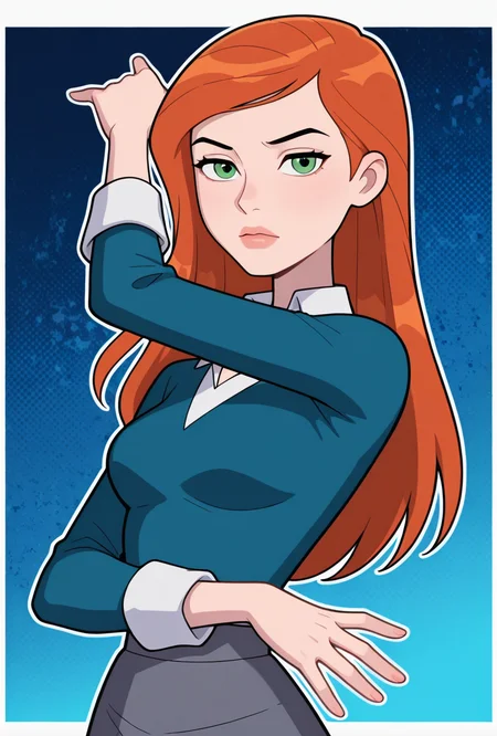 <lora:gwenuaf-10:1> gwenuaf, 1girl, long hair, solo, green eyes, orange hair, lips, breasts, collared shirt, long sleeves, shirt, dark grey skirt, black pants, looking at viewer, blue background, pose, upper body, halftone effect, white borders, abstract background:1.2,, masterpiece, best quality, amazing quality, very aesthetic, absurdres, newest,