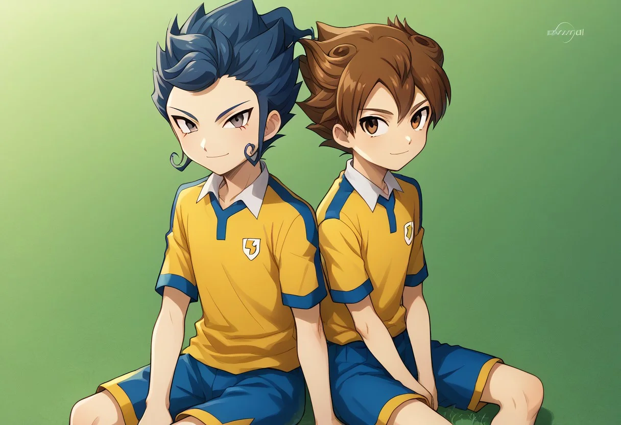 score_9, score_8_up, score_7_up, source_anime, highly detailed, 2boys,
tsurugi, 1boy, male focus, blue hair, brown eyes, sportwear, raimon, raimon soccer uniform, shirt, yellow shirt, short sleeves, shorts, blue shorts, light smile BREAK
tenma, 1boy, male focus, brown hair, grey eyes, sportwear, soccer uniform, raimon soccer uniform, raimon, shirt, yellow shirt, short sleeves, shorts, blue shorts, smile, BREAK
outdoor, sit, back-to-back, looking at viewer,
