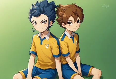 score_9, score_8_up, score_7_up, source_anime, highly detailed, 2boys,
tsurugi, 1boy, male focus, blue hair, brown eyes, sportwear, raimon, raimon soccer uniform, shirt, yellow shirt, short sleeves, shorts, blue shorts, light smile BREAK
tenma, 1boy, male focus, brown hair, grey eyes, sportwear, soccer uniform, raimon soccer uniform, raimon, shirt, yellow shirt, short sleeves, shorts, blue shorts, smile, BREAK
outdoor, sit, back-to-back, looking at viewer,