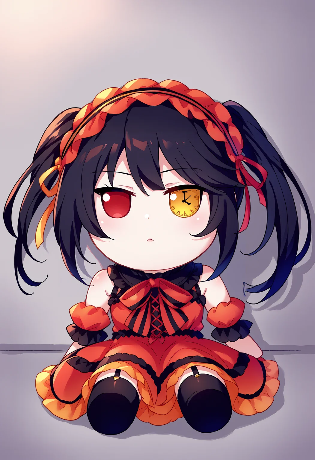 score_9, score_8_up, source_anime, fumo \(doll\), chibi, sitting, 1girl, solo, KurumiBase, clock eyes, red eye, yellow eye, heterochromia, black hair, twintails, hairband, red dress, striped bow, frills, detached sleeves, frilled choker, black thighhighs, garter straps, lace-up boots, <lora:ChamTokisakiKurumiPonyXL-000008:1>, <lora:style_toyfumo_ponyXL:1.2>