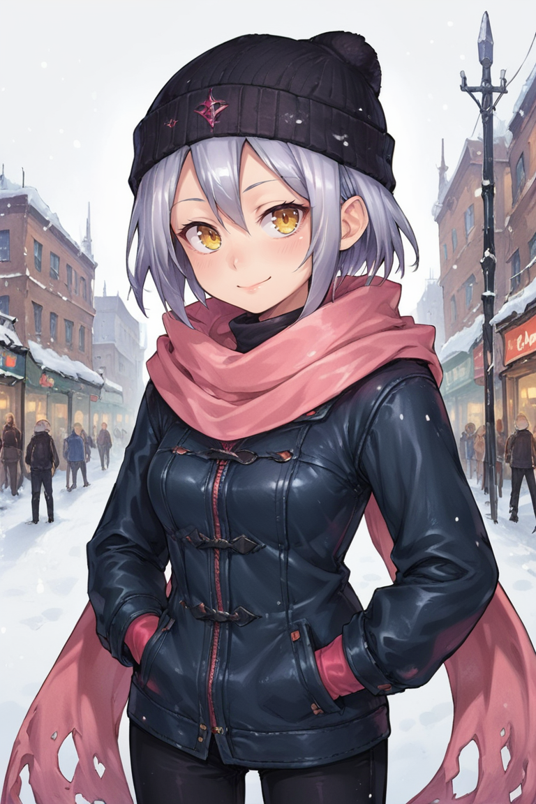 score_9, score_8_up, score_7_up, score_6_up, source_anime, BREAK, <lora:Zilva:0.65> , zildef, 1girl, short hair, grey hair, yellow eyes, scarf, pink scarf, black beanie, pink parka, black trousers, bodysuit under clothes, looking at viewer, standing, cowboy shot, smile, closed mouth, hands in pockets, exterior, city, winter, snow, shops, clutter, <lora:g4l4xyXLP:0.7> , g4l4xy, galaxy, <lora:zy_Detailed_Backgrounds_v1:0.6> , detailed background, highly detailed,