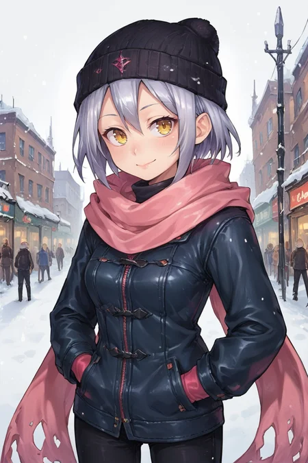 score_9, score_8_up, score_7_up, score_6_up, source_anime, BREAK, <lora:Zilva:0.65> , zildef, 1girl, short hair, grey hair, yellow eyes, scarf, pink scarf, black beanie, pink parka, black trousers, bodysuit under clothes, looking at viewer, standing, cowboy shot, smile, closed mouth, hands in pockets, exterior, city, winter, snow, shops, clutter, <lora:g4l4xyXLP:0.7> , g4l4xy, galaxy, <lora:zy_Detailed_Backgrounds_v1:0.6> , detailed background, highly detailed,