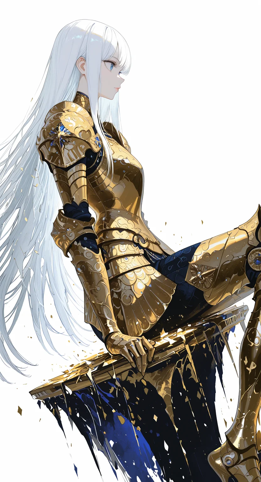 masterpiece, best quality, good quality, very awa, newest, highres, absurdres, 1girl, solo, long hair, blue eyes, simple background, white background, closed mouth, very long hair, sitting, white hair, armor, from side, lips, feet out of frame, profile, shoulder armor, straight hair, pauldrons, looking ahead, armored boots, looking afar, gold, gold armor, shards, gold footwear,wind,low view,Dutch angle,Wide Shot, limited palette, <lora:illustriousXL_stabilizer_v1.23:0.3> <lora:NOOB_vp1_detailer_by_volnovik_v1:0.3> <lora:ponyv6_noobE11_2_adamW-000017:0.3> <lora:114558v4df2fsdf5:0.6> <lora:XXX667:0.4> <lora:mon_monmon2133:0.5>