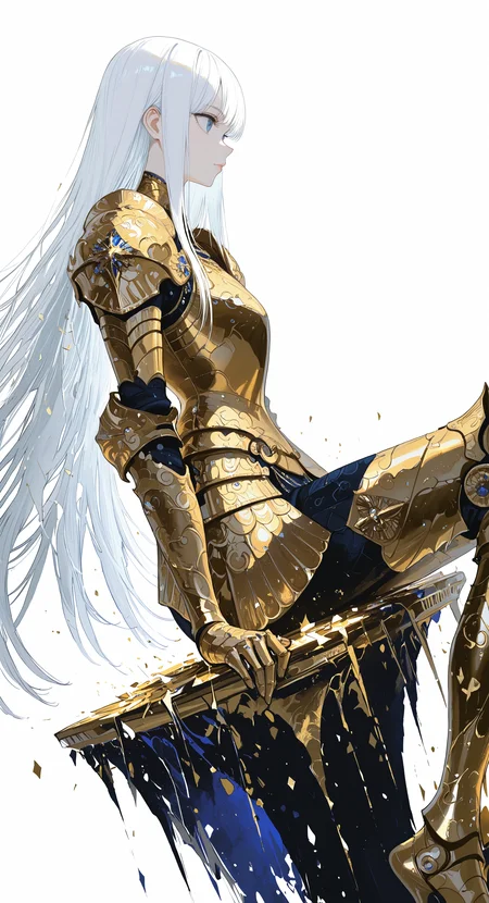 masterpiece, best quality, good quality, very awa, newest, highres, absurdres, 1girl, solo, long hair, blue eyes, simple background, white background, closed mouth, very long hair, sitting, white hair, armor, from side, lips, feet out of frame, profile, shoulder armor, straight hair, pauldrons, looking ahead, armored boots, looking afar, gold, gold armor, shards, gold footwear,wind,low view,Dutch angle,Wide Shot, limited palette, <lora:illustriousXL_stabilizer_v1.23:0.3> <lora:NOOB_vp1_detailer_by_volnovik_v1:0.3> <lora:ponyv6_noobE11_2_adamW-000017:0.3> <lora:114558v4df2fsdf5:0.6> <lora:XXX667:0.4> <lora:mon_monmon2133:0.5>