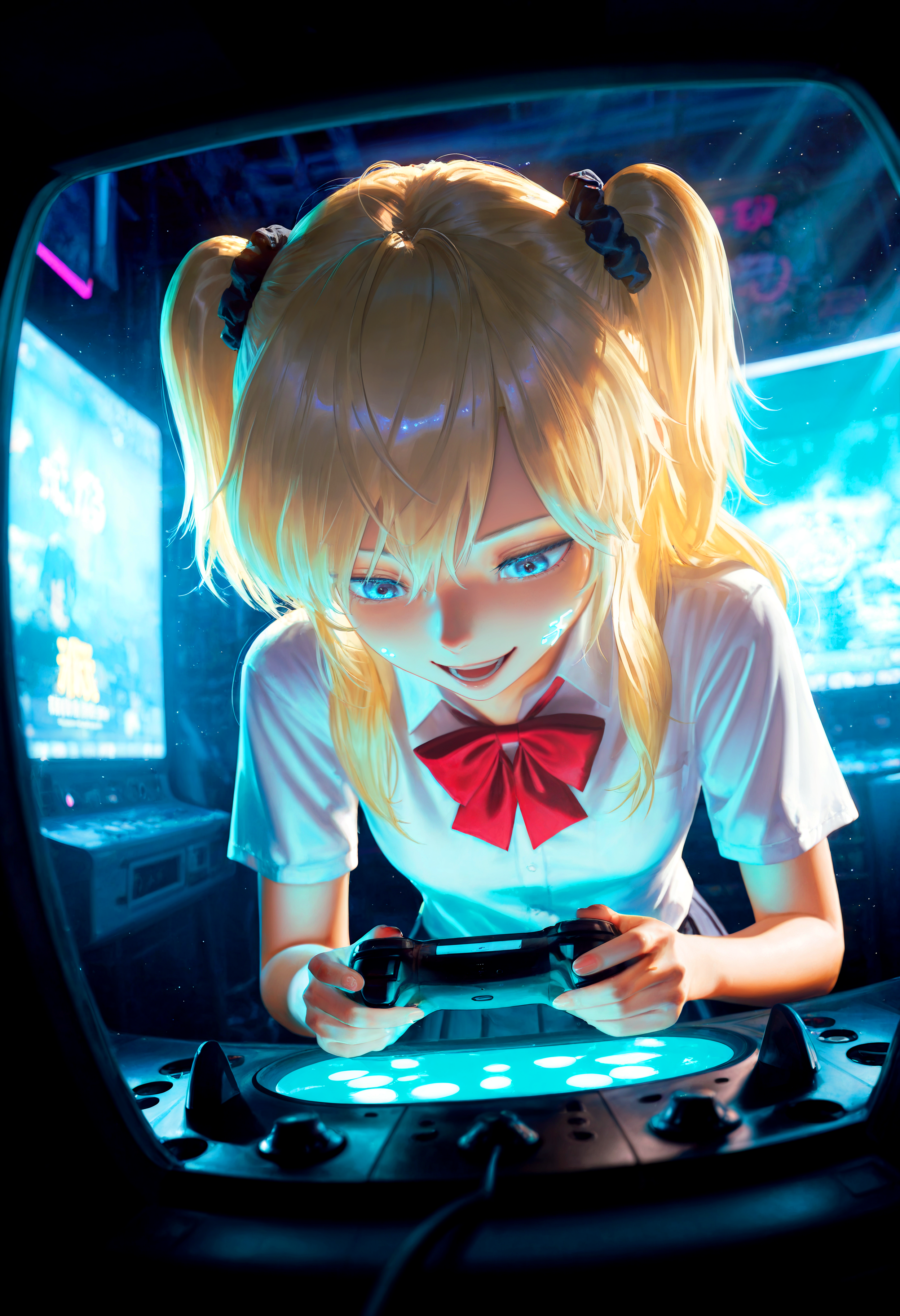 HDR, 8K, high contrast, masterpiece, best quality, amazing quality, very aesthetic, superabsurd res, high resolution, ultra-detailed, absurdres, newest, scenery, (horikoshi kouhei:0.3), (quasarcake:0.3), (wlop:0.3), light rays, chiaroscuro, dynamic angle, foreshortening, 1girl, tm_emily, blue eyes, blonde hair, petite, long hair, school uniform, white shirt, short sleeves, red bow, two side up, scrunchie, looking down, open mouth, smile, playing games, arcade, neon lights, partially illuminated, (screen glow on face), Intricately designed, Mysterious Shadows, BREAK, photorealistic, beautiful detailed eyes, detailed skin, detailed hair, volumetric lighting, dappled light, light particles, dramatic shadows, cinematic lighting, photo background, depth of field, <lora:ponyxl\cfg_scale_boost:0.8> <lora:IL\KMS_TM_Emily_IL-000003:0.8>