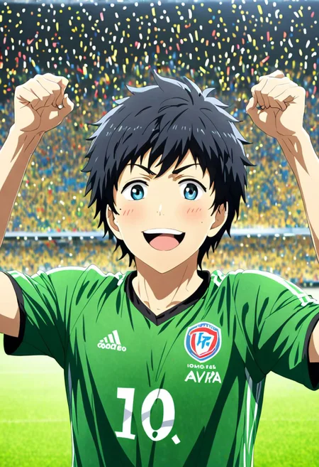 high resolution, solo, best quality, 1Boy, Arata Kaizaki, Black Hair, Soccer , soccer player, field, portrait, sport photography, celebration, OverallDetail