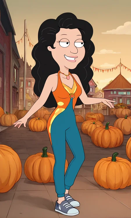 Bonnie_Swanson, FamilyGuy_Style, score_9_up, score_8_up, score_7_up, score_6_up, 1girl, black hair, (female-poses), (Pumpkin)(Embellished top:1.2), (Periwinkle)(Wide-leg jumpsuit with a halter neck.), (court background:1.2), (look), (smirk), <lora:FamilyGuy_Style-000014:1>