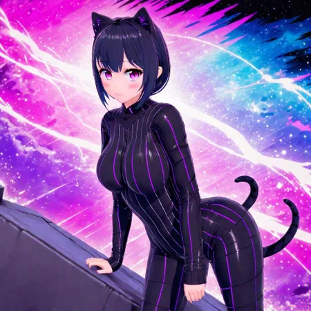 Vapor Wave, Futaba, Anime Art Style, High Quality, High Resolution, Sharp, High Resolution Eyes, Full Body, High-Definition Fantasy Background Cat Girl, Straight lines