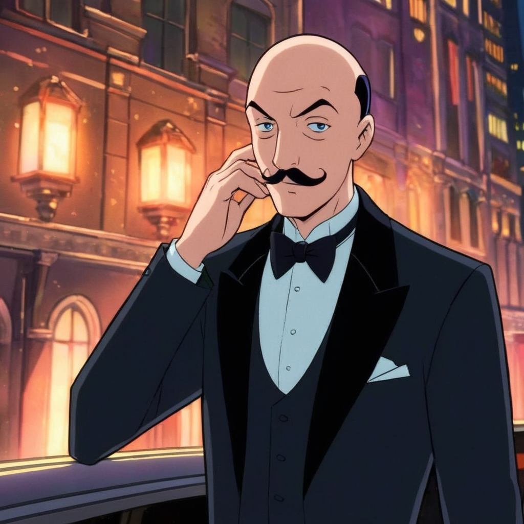 anime artwork of  <lora:Alfred Pennyworth:1.2>
Alfred Pennyworth a cartoon bald man with a mustache in a tuxedo and bow tie In Gotham City, anime style, key visual, vibrant, studio anime,  highly detailed