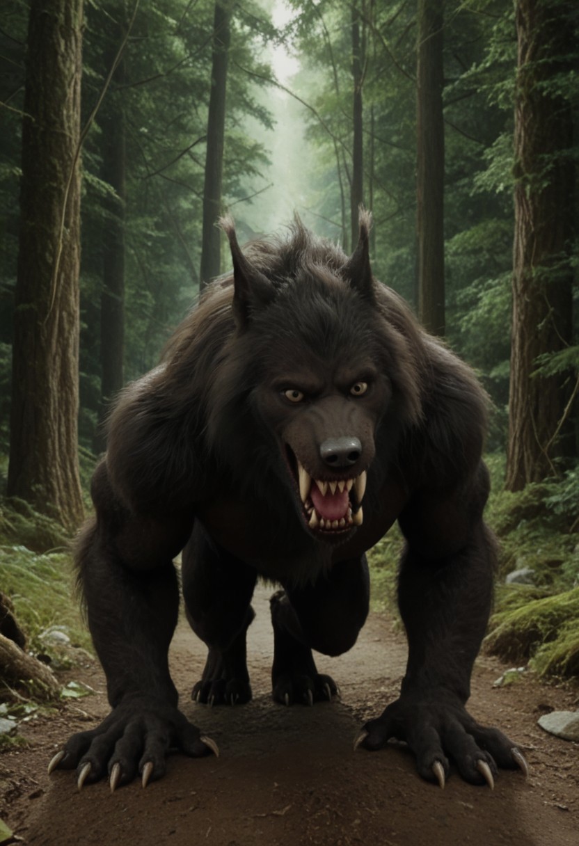 score 9, score 8, score 7, score 6, 1boy, furry male, solo, black fur, animal ears, yellow eyes, sharp teeth, claws, werewolf on down on all paws with tail in the air, (wagging tail, trying to look friendly), forest
