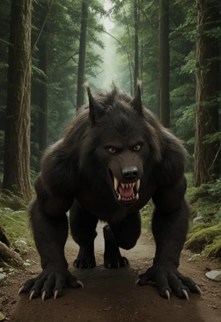score 9, score 8, score 7, score 6, 1boy, furry male, solo, black fur, animal ears, yellow eyes, sharp teeth, claws, werewolf on down on all paws with tail in the air, (wagging tail, trying to look friendly), forest
