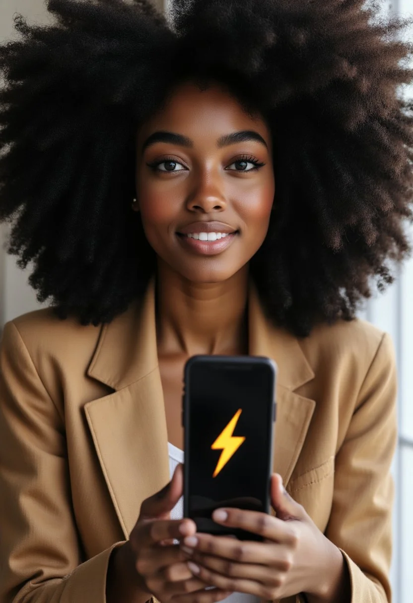FictionalXena, Black woman with an afro. Showing you her phone, on the screen there is a yellow lightningbolt symbol and the number 0