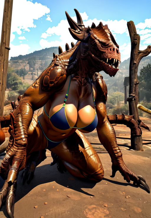 <lora:Deathclaw:0.8>, deathclaw, breasts, bikini top, (masterpiece, best quality, absurdres, detailed, ultra-detailed:1.3)