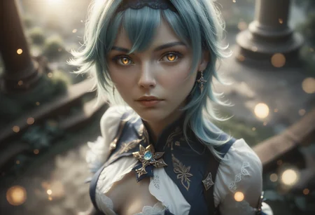 score_9, score_8_up, score_7_up, embedding:d4113, 1girl, eula_\(genshin_impact\), genshin_impact, 1girl, blue_hair, yellow_eyes, from above, standing, outdoors, interstellar space