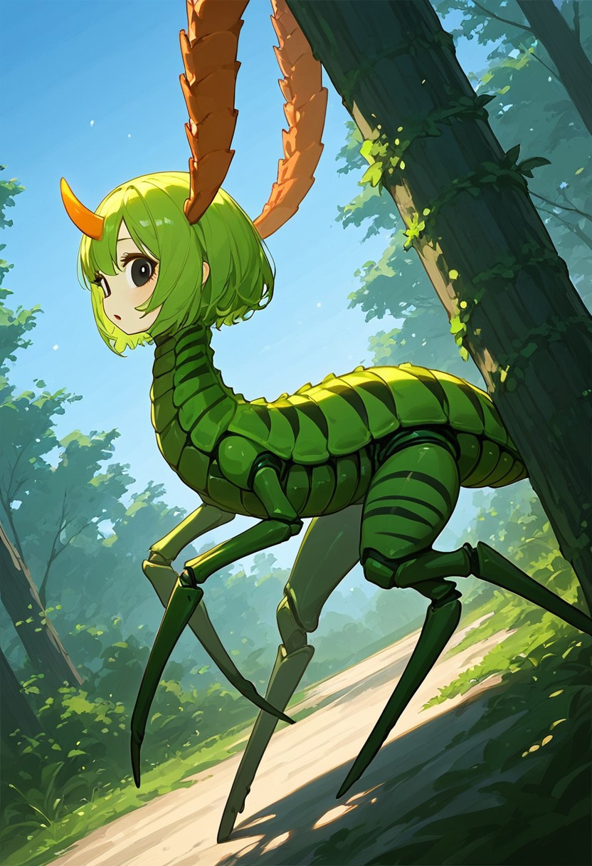 score_9, score_8_up, score_7_up, score_6_up, score_5_up, score_4_up, Expressiveh, (feral insect girl, feral caterpillar girl:1.2), full body shot, rearing up, perky breasts, green caterpillar, open mouth, cute, petite, (arms down at sides), single orange horn, (two-pronged horn), green body, leaves, looking at viewer, ((crawling, slithering, many legs:1.2), big bulbous head, long body, gigantic eyes, expressionless, wide eyes, centipede legs:1.3), black eyes, black irises, (dilated eyes), yellow sclera, big eyes, outdoors, blue sky, sunny day, black stripes, (dutch angle, diagonal view, side view:1.3)