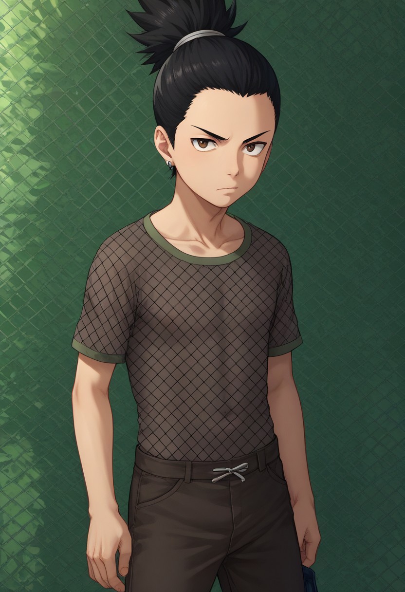 score_9, score_8_up, score_7_up, highly detailed, cute boy, 1boy, solo, young, Shikamaru_Nara, Brown Eyes, Black Hair, Ponytail, Earrings, Fishnet Shirt, Brown Pants,