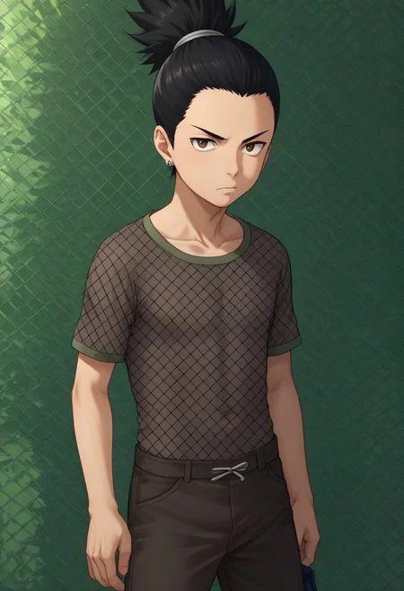score_9, score_8_up, score_7_up, highly detailed, cute boy, 1boy, solo, young, Shikamaru_Nara, Brown Eyes, Black Hair, Ponytail, Earrings, Fishnet Shirt, Brown Pants,