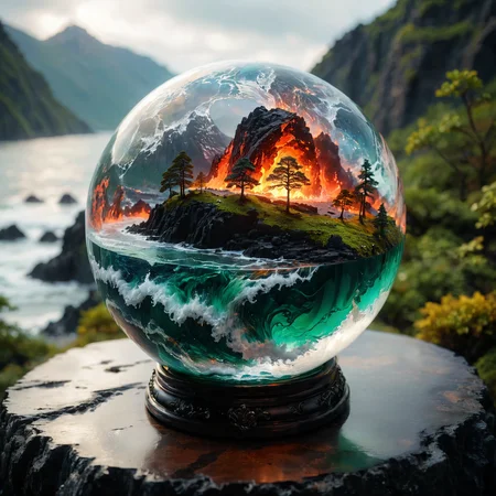 high angle close up, micro shot of four-season massive glass globe, it should contain wavy sea and rocky green landscape with trees and lava mountain and swirl of winds inside it, inside the room, blurry black bokeh background, showcase the full power of the elements, magical world inside the globe, <lora:detailed_notrigger:1>, <lora:add-detail-xl:1>, <lora:MJ52:0.2>, <lora:zavy-cntrst-sdxl:0.7>, <lora:diffused light style:0.5>
